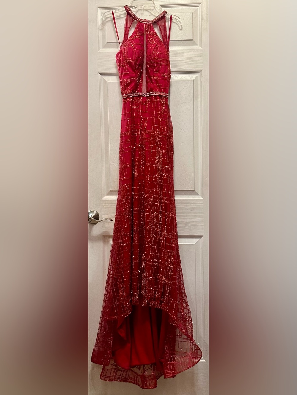 Red Sequin Grid Evening Dress - Elegant Women's Formal Gown